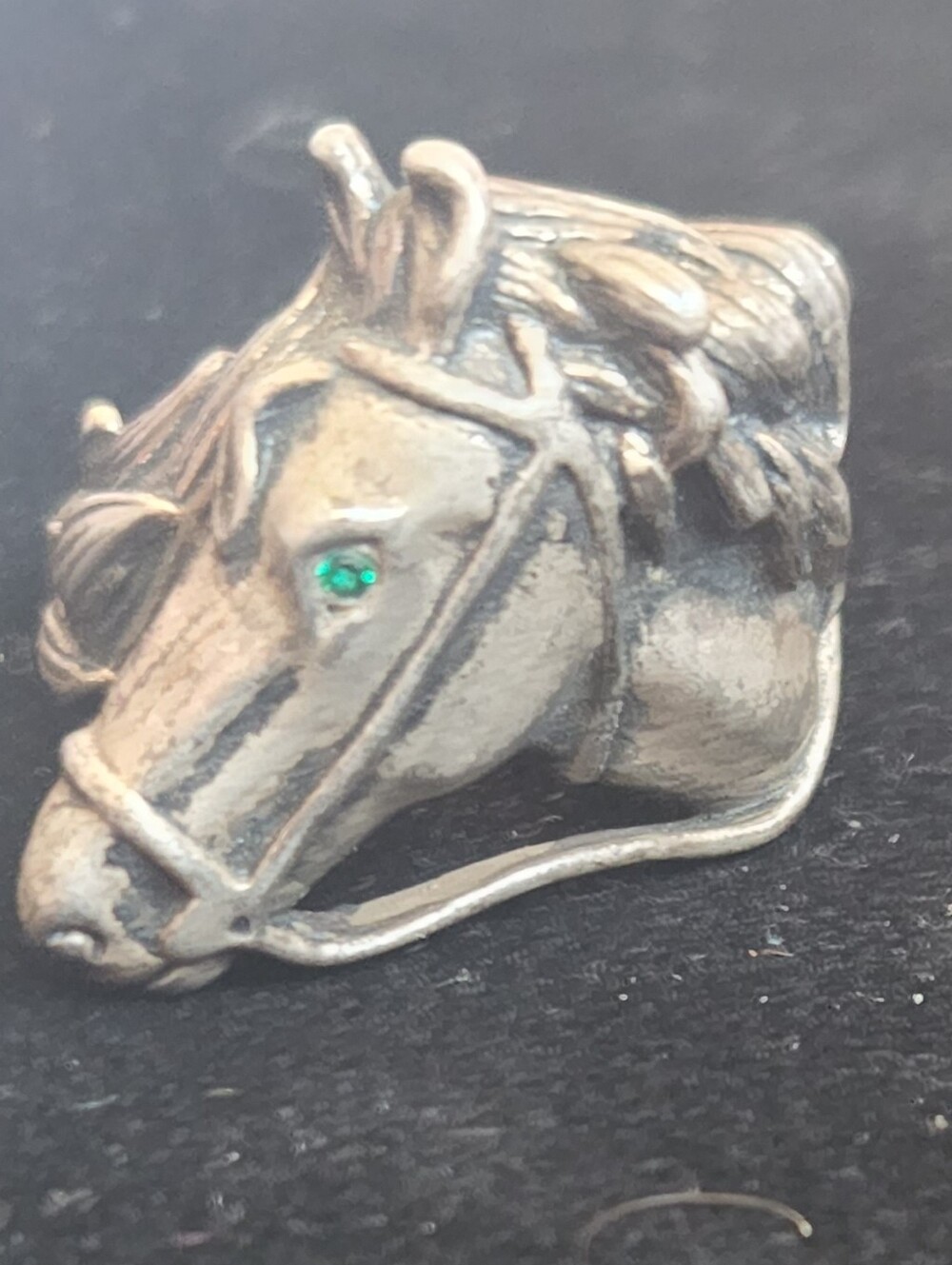 VTG Sterling Silver 3D Figural Horse Head Ring Green Eye Equestrian